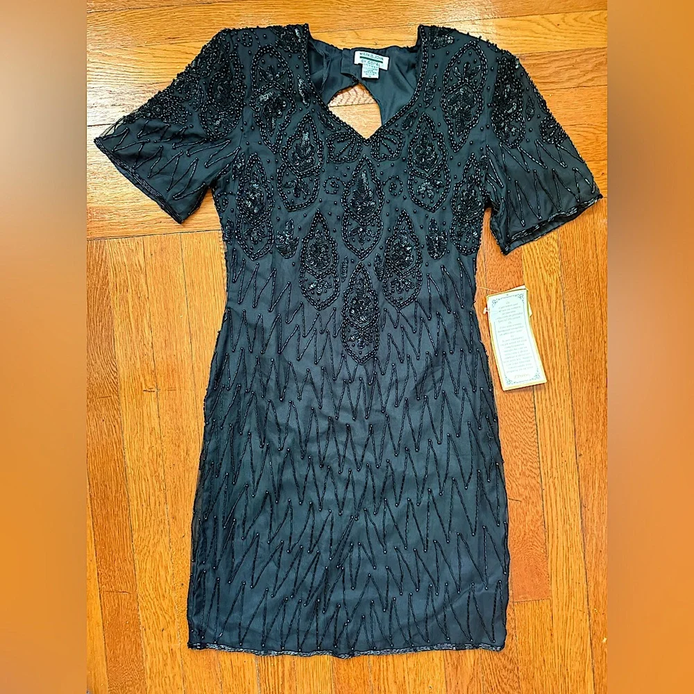 Vintage Mark & John 100% silk beaded black cocktail dress M - Picture 1 of 9